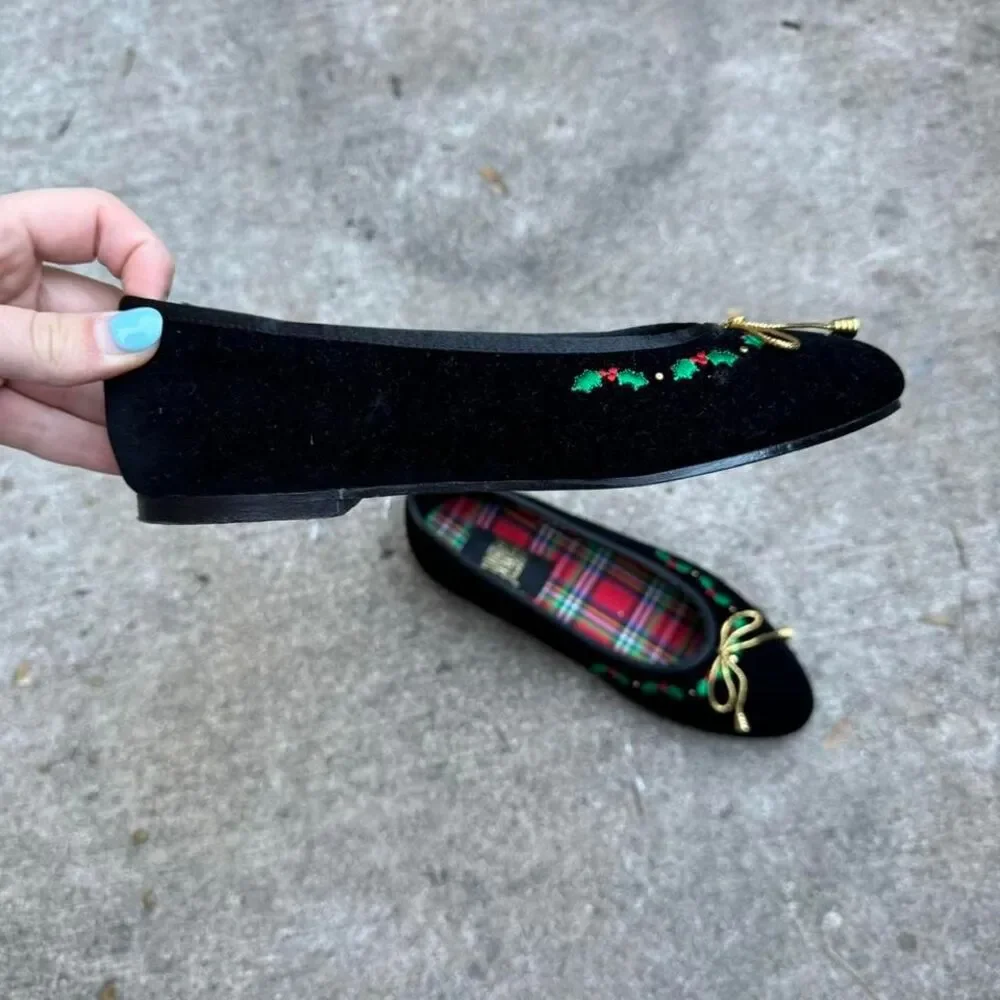 Vintage Ballet Flats Kids Size 2.5‎ Velvet Freeze Frame Holly Gold Bow Coquette